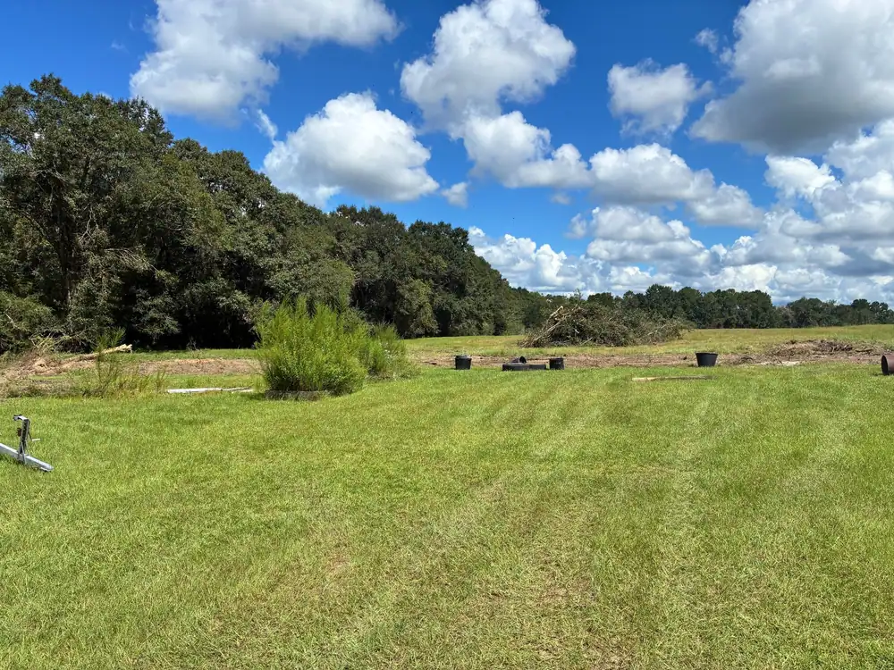 Open pasture with cleared brush piled along the tree line under a blue sky